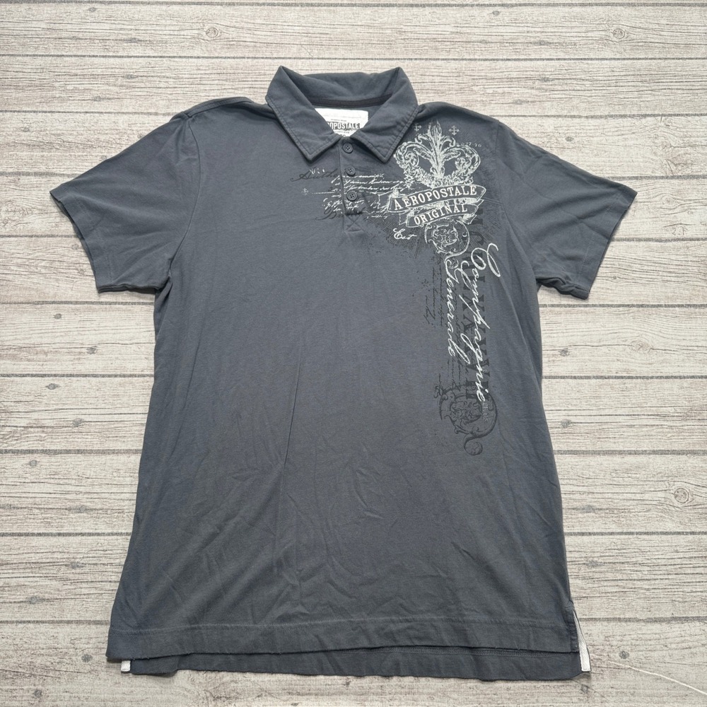 Y2K Aeropostale Polo Shirt Men's XL Gray Graphic Short Sleeve Cotton Athleisure